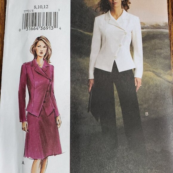 00s Vogue Pattern 7772 Asymmetrical Jacket Collar Semi Fit Skirt Pants 8 10 12 - Picture 1 of 3